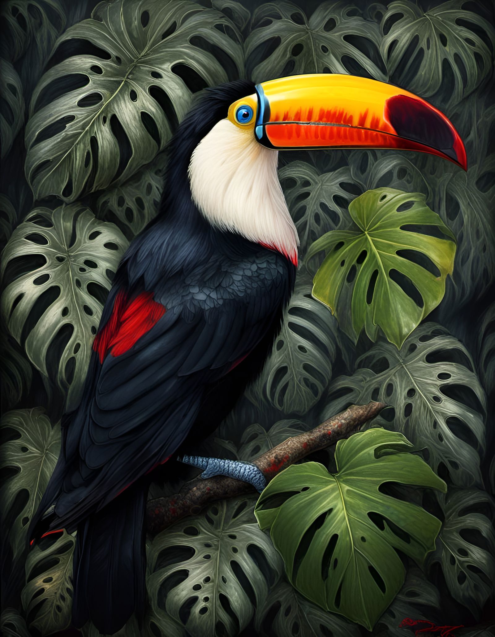 Toucan Portrait with Monstera Leaves, Detailed Rendering