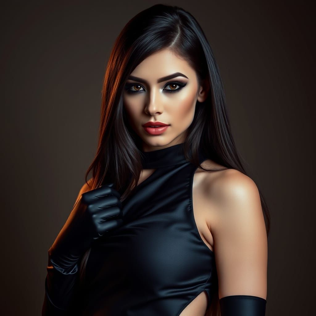 Brunette in Black Satin Dress: High-Resolution Portrait