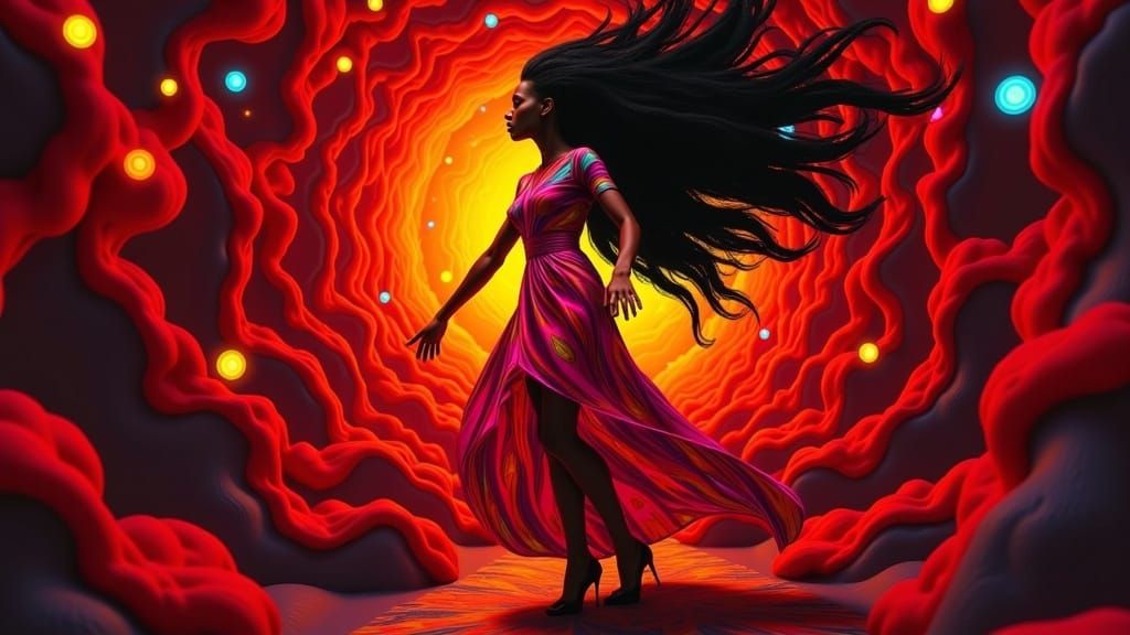 Afro-Futurist Woman Dances in Crimson Surrealist Landscape
