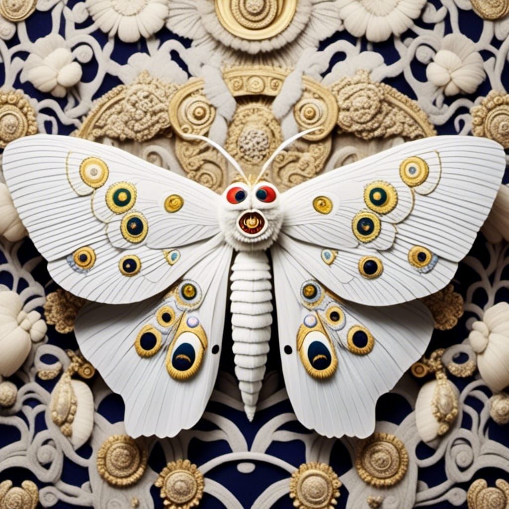 White Silk Moth on Ornate Japanese Fabric
