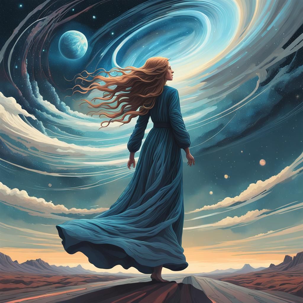 Cosmic Woman Stepping Through Endless Galaxy