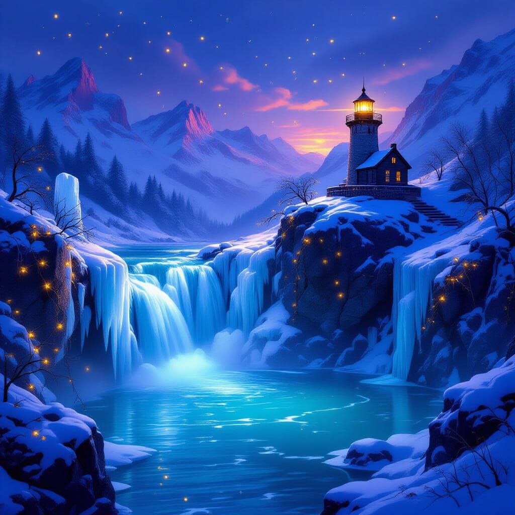 Twilight Mountain Gorge with Frozen Waterfall