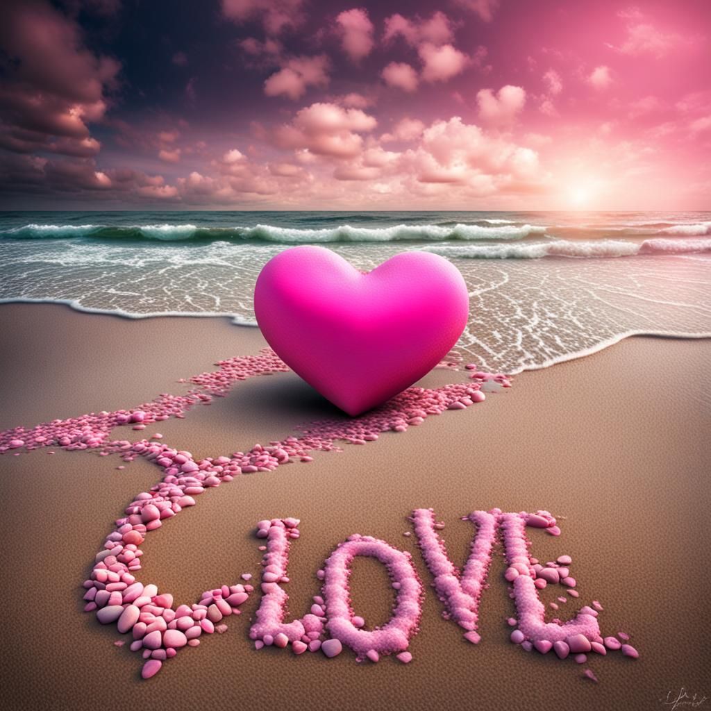 Romantic Beach Scene with Pink Heart and Text