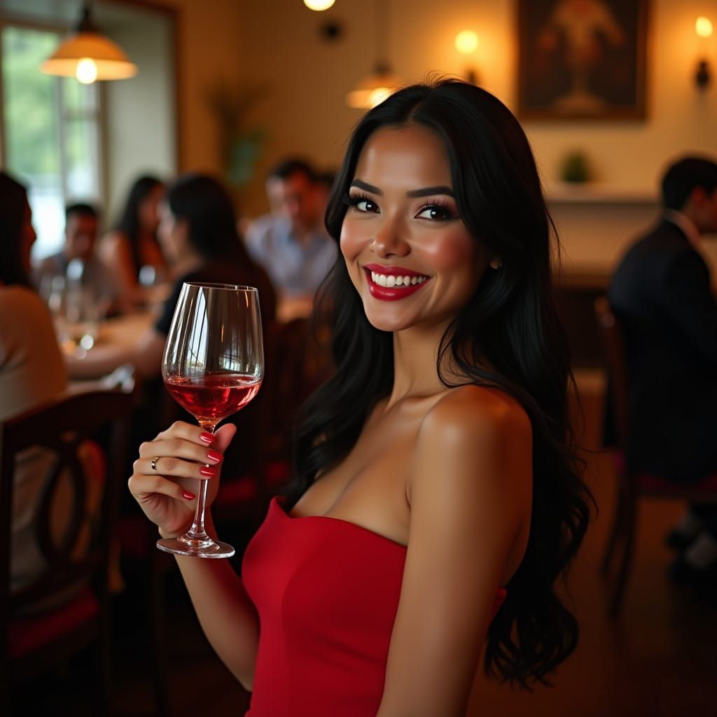 Sultry Filipina-American Woman in Wine Tasting Elegance