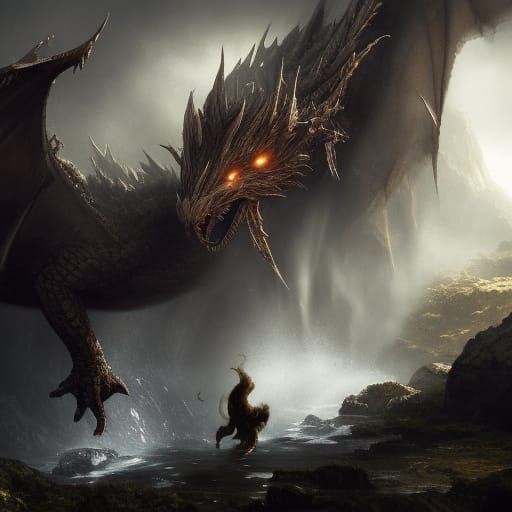 God Battles Dragons in Dark Fantasy Landscape