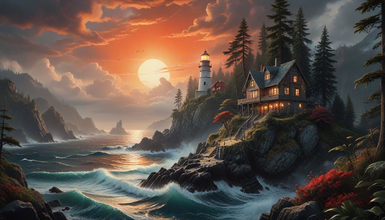 Lush Island Landscape with Lighthouse and Red Sun