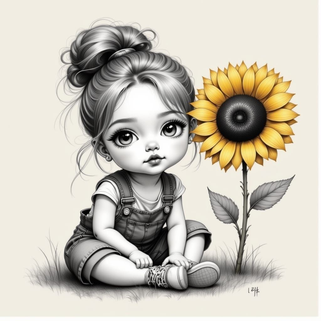 Surreal Whimsical Illustration of a Child with Sunflower