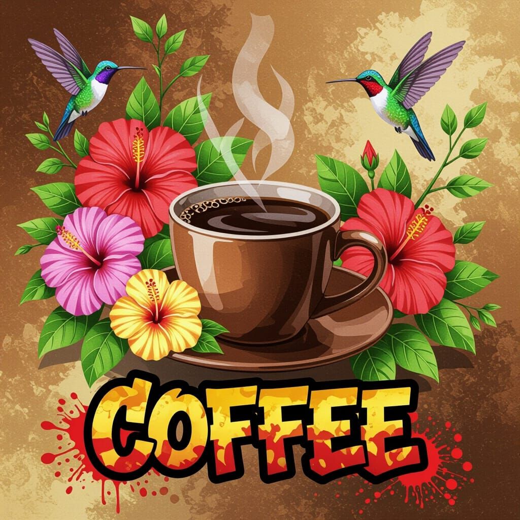 Vibrant Coffee Cup with Hibiscus Flowers in Graffiti Style