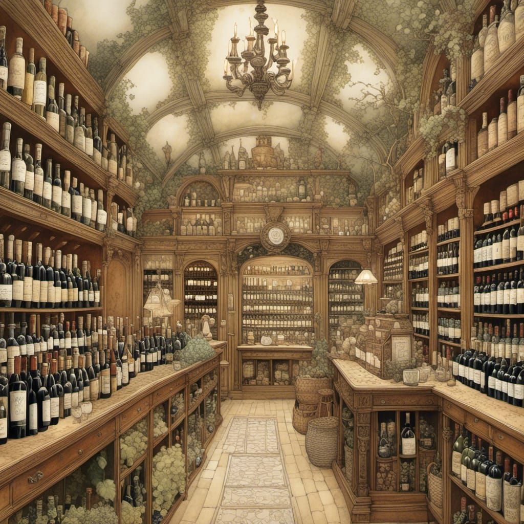 Intricate Wine Shop in Botanical Art Style