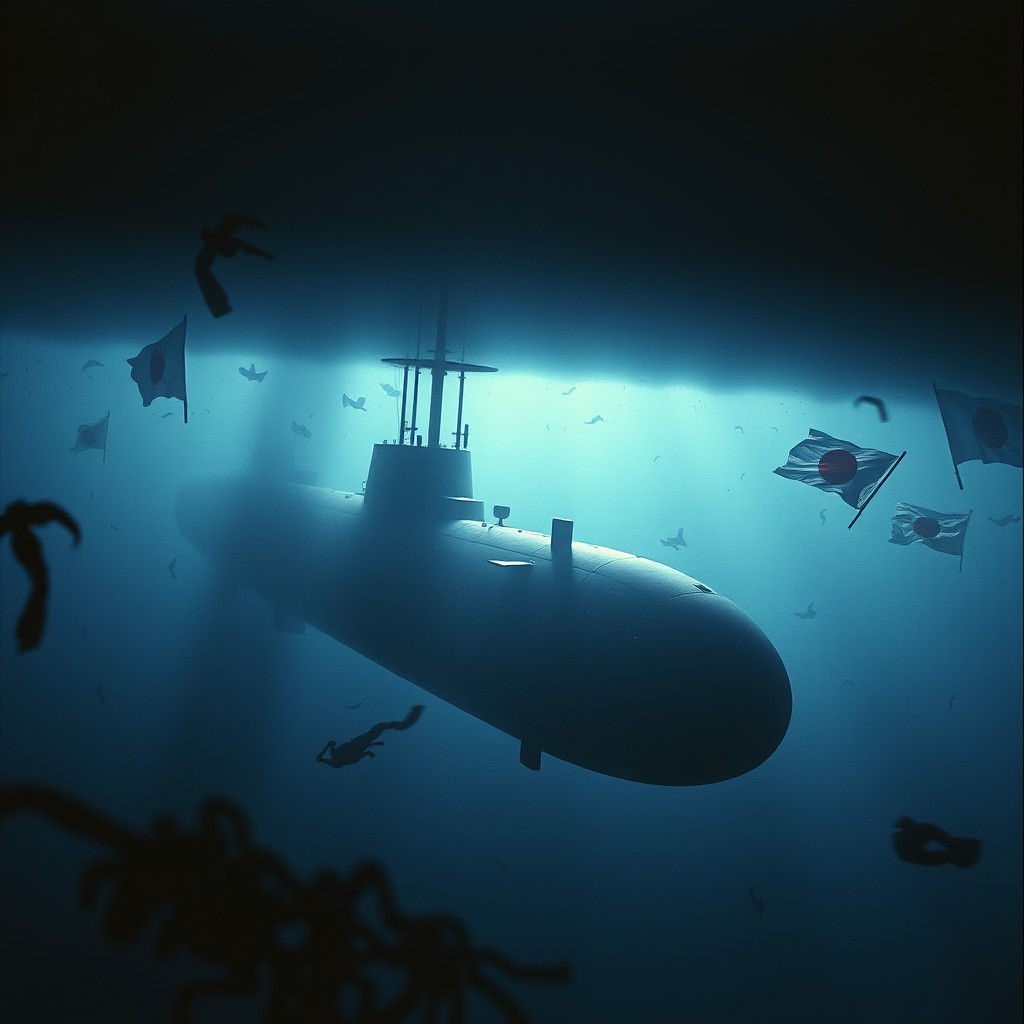 Submarine in Deep Sea with Japanese Flags