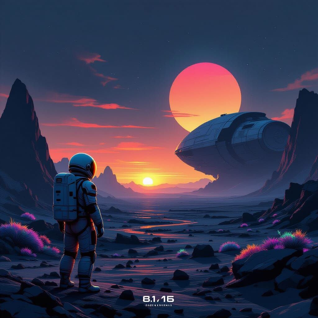 Astronaut Gazes at Binary Sunset on Alien World
