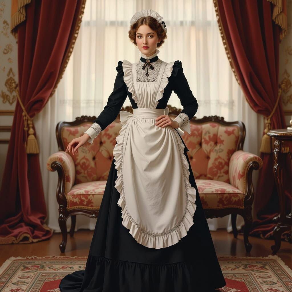 Victorian Maid in Lavish Parlor, Art Nouveau Style