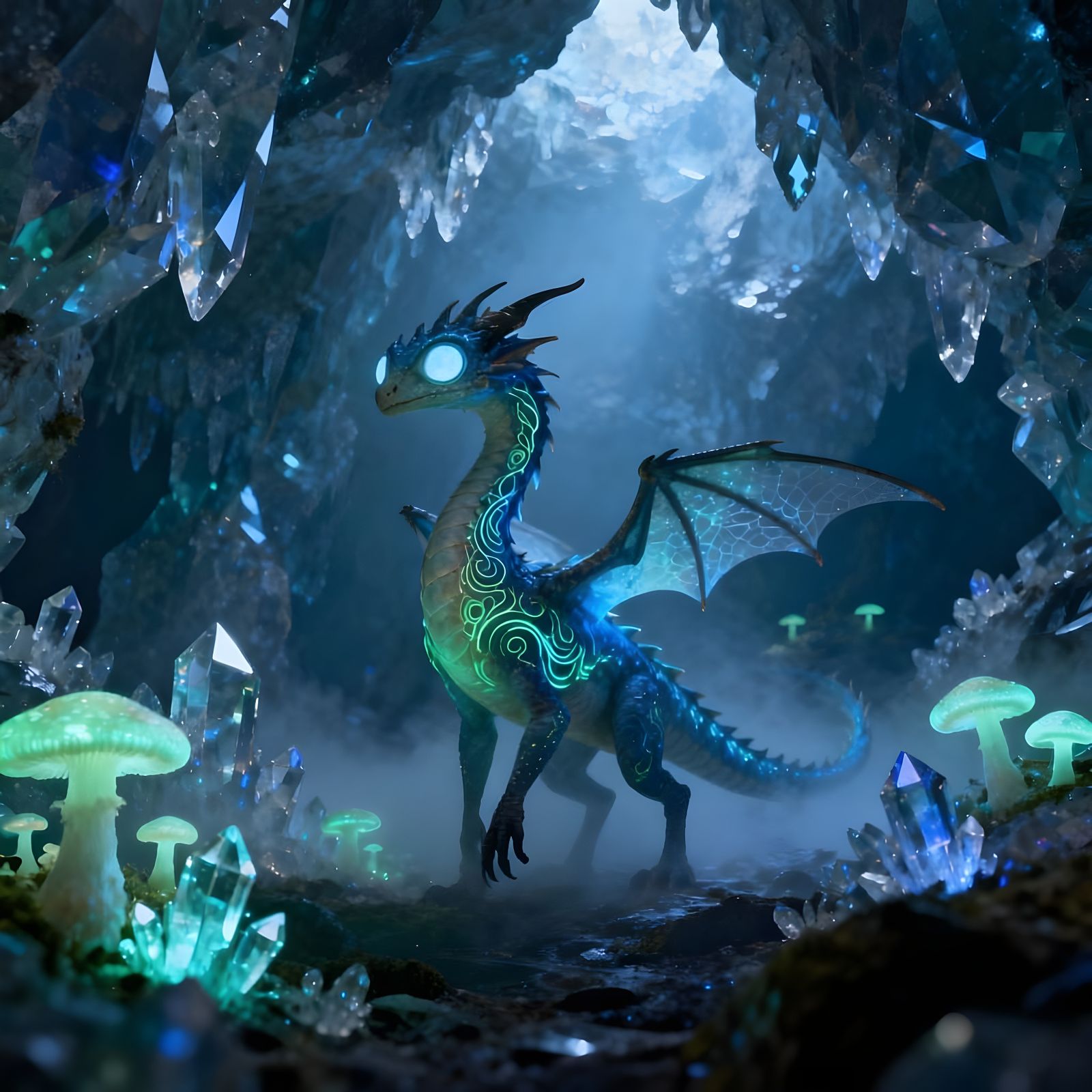 Elegant Dragon in Bioluminescent Cavern