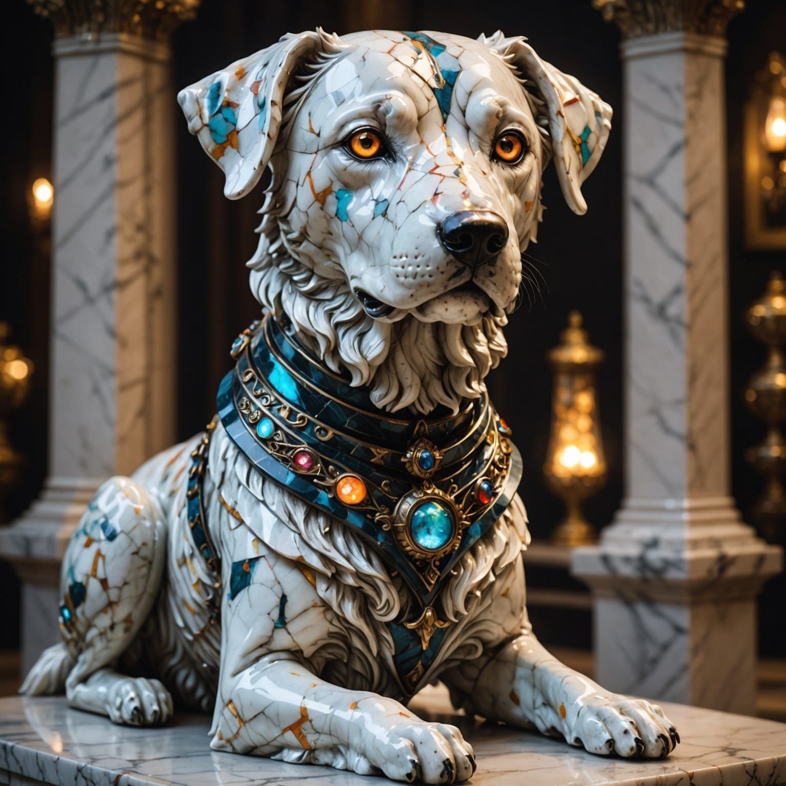 Marble Dog Statue Comes Alive with Glowing Eyes
