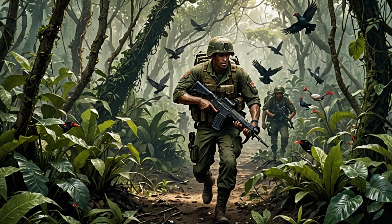 Soldier Navigating Dense Jungle with Wildlife