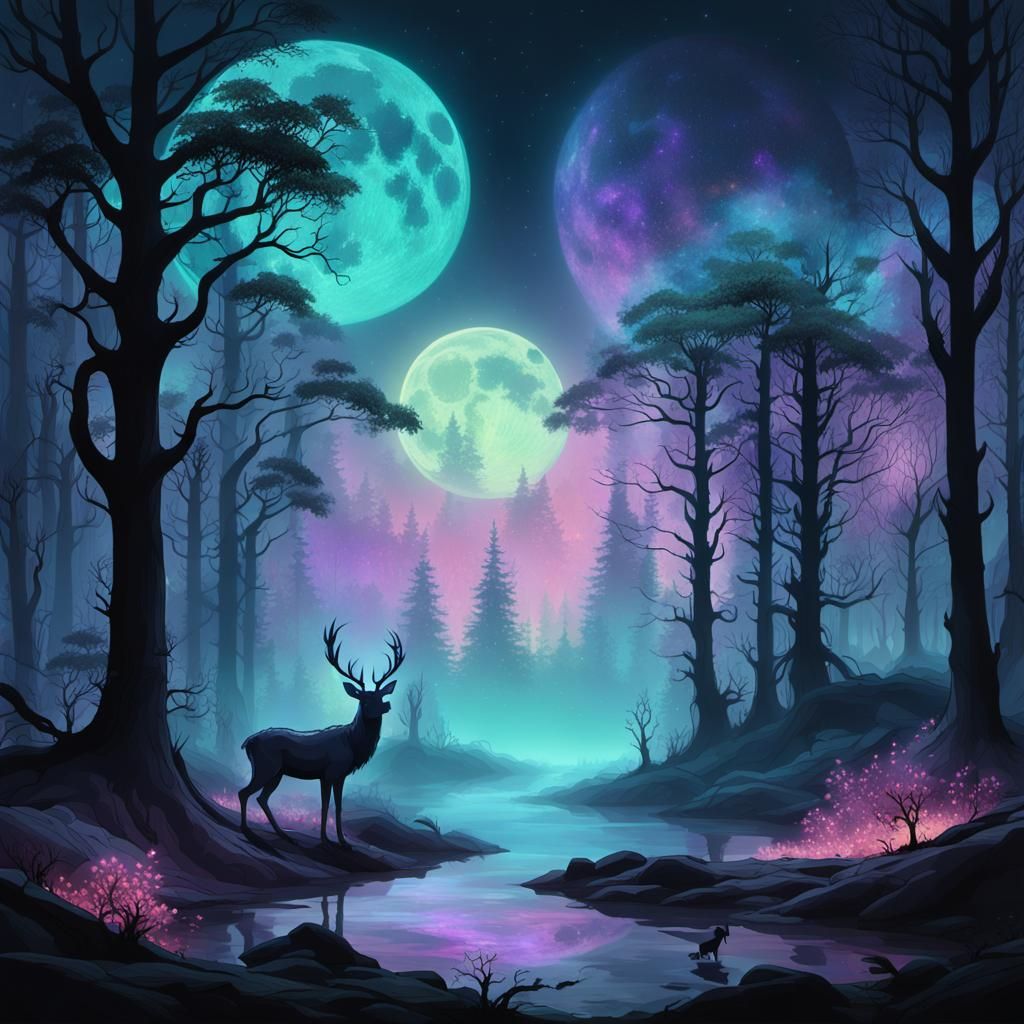 Ethereal Moonscape with Luminous Deer and Nordic Elves
