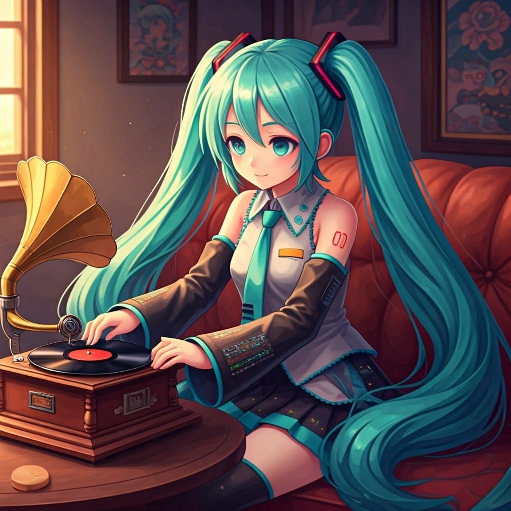 Hatsune Miku Plays Gramophone in Cozy Setting