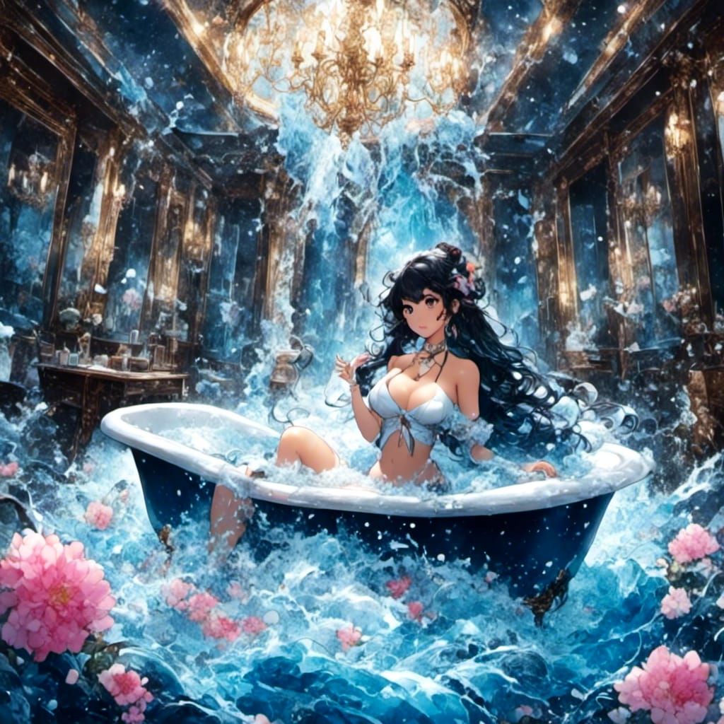 Flooded Anime Bathroom in Sudsy Deluge