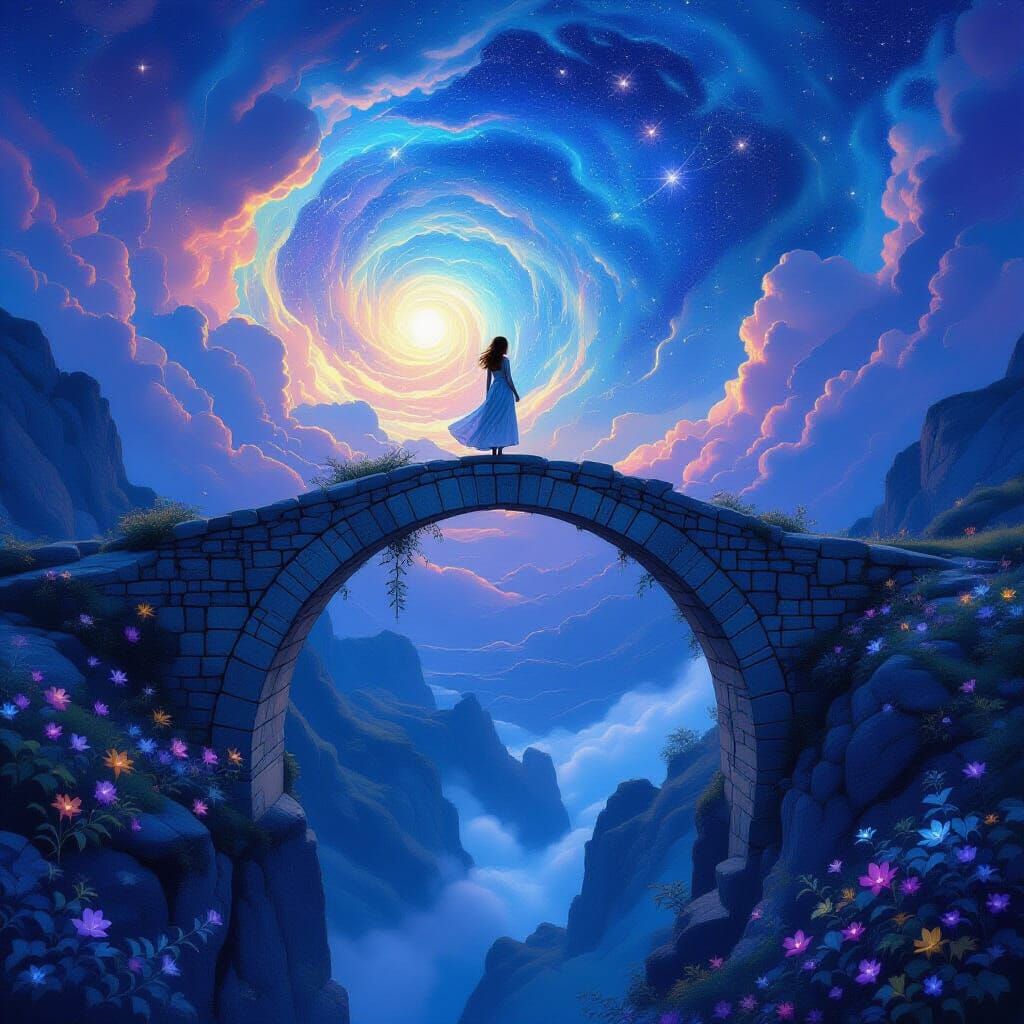 Jugendstil Girl on Cosmic Bridge in Ethereal Impressionist S...