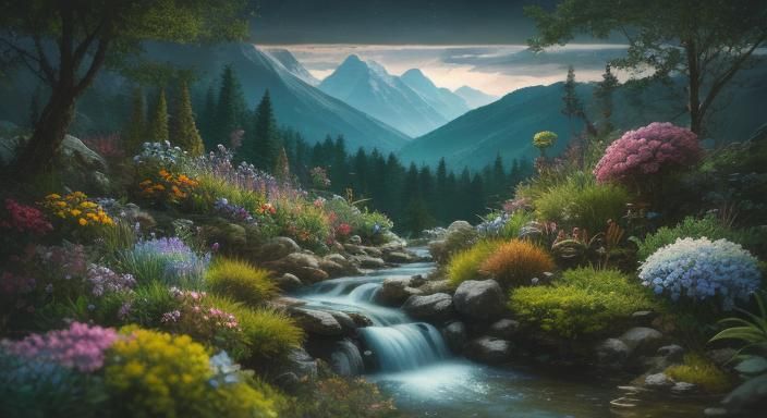 Retrofuturistic Mountain Stream in Mixed Media