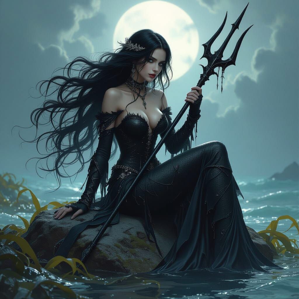 Gothic Mermaid with Obsidian Trident in Dark Fantasy Style