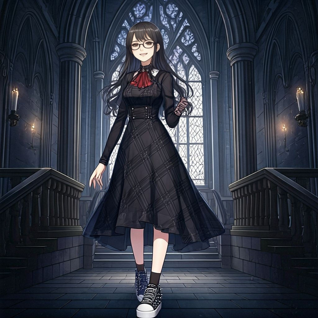 Gothic Woman Posing in Castle, Watercolor Anime Style