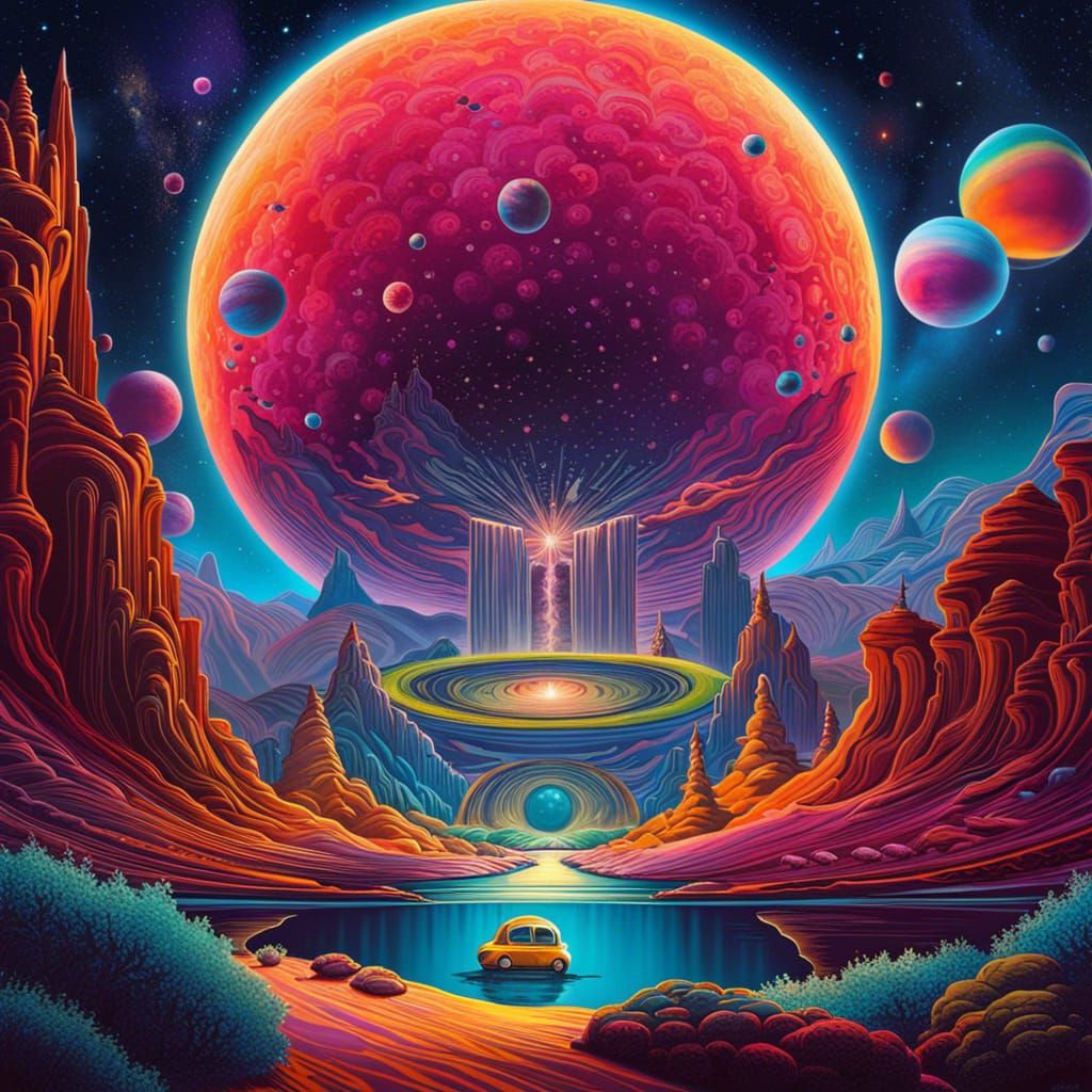 Psychedelic Car on Alien Planet with Moons