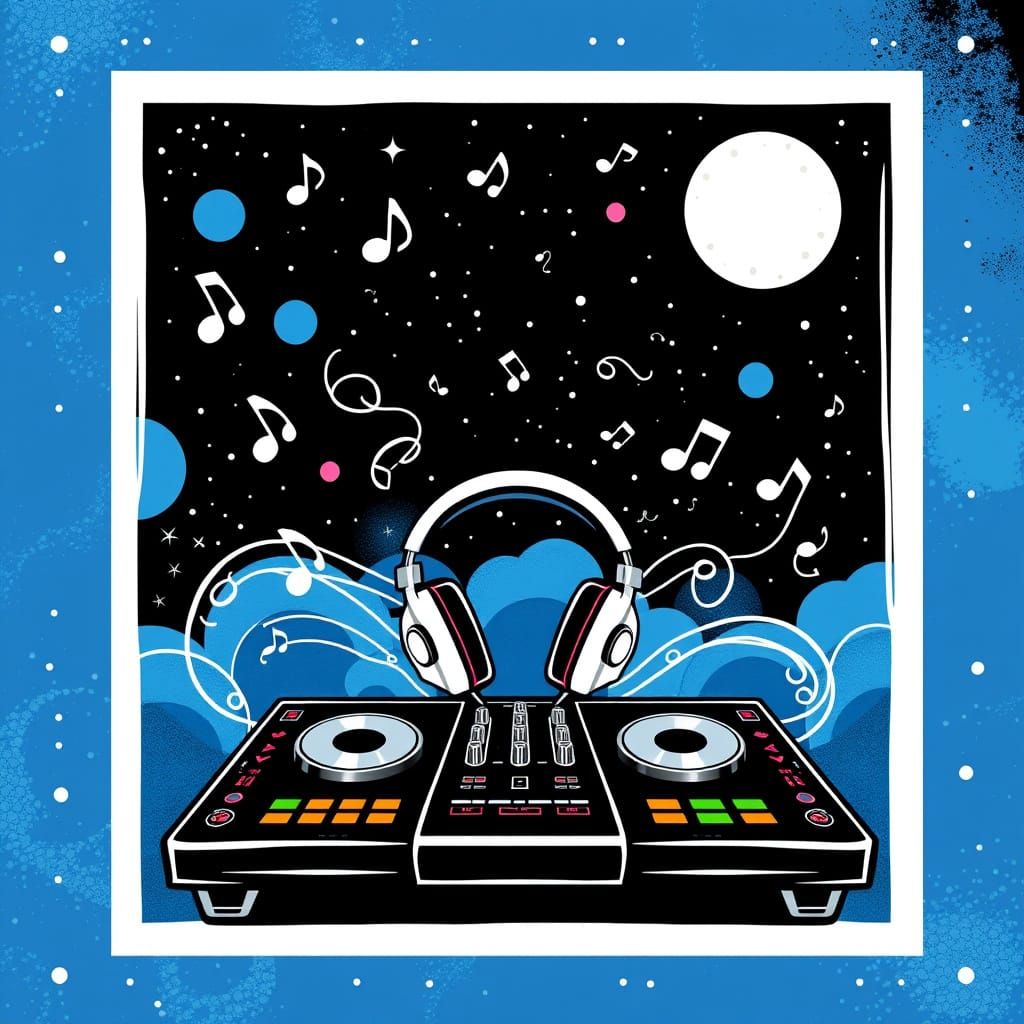 Romantic Night Sky DJ Background with Music Notes and Contro...