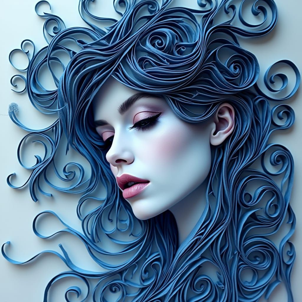 Intricate Quilled Paper Art of Woman in Indigo and Silver