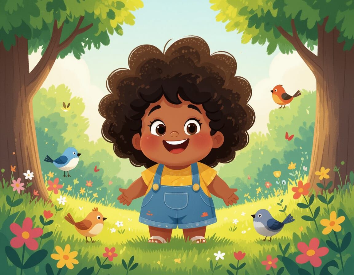 Chubby Girl Surrounded by Nature, Animation Cel Style