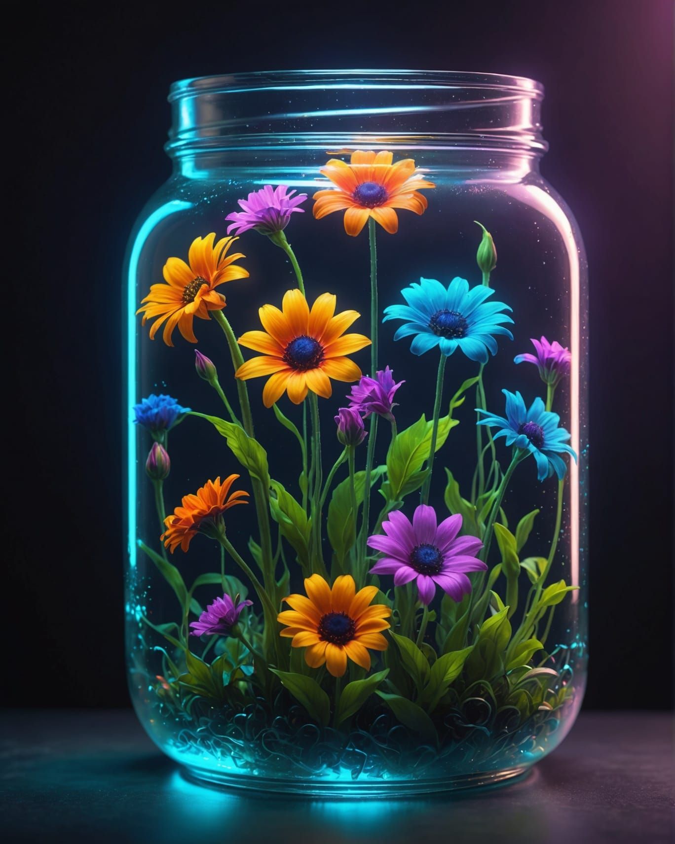 Glowing Neon Flowers in Glass Jar