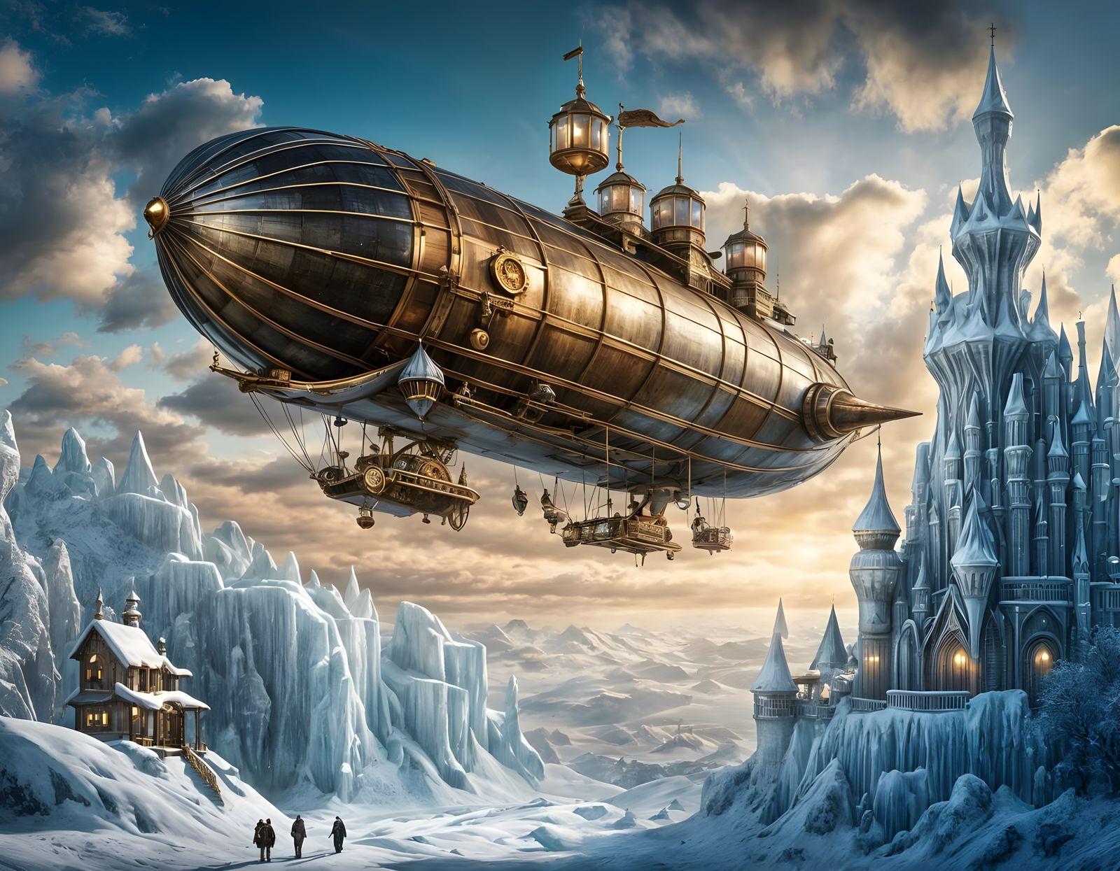 Steampunk Airship Over a Glass Ice Castle