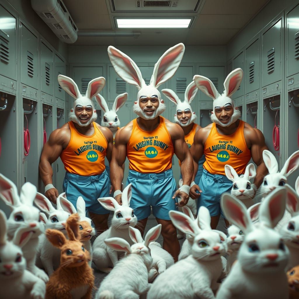 Muscular Men in Bunny Costumes in Sci-Fi Locker Room