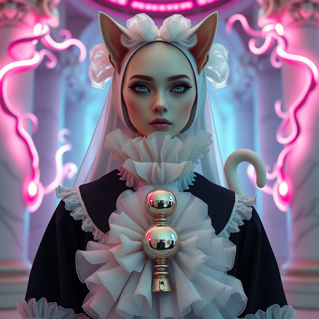 Mystical Catgirl Nun in Elegant Biopunk Attire