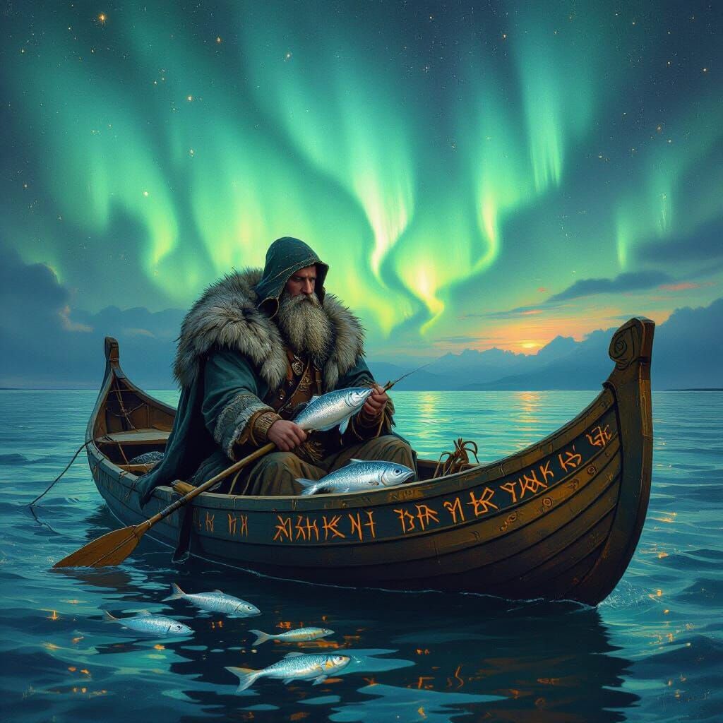 Pre-Raphaelite Viking Fisherman Under Northern Lights