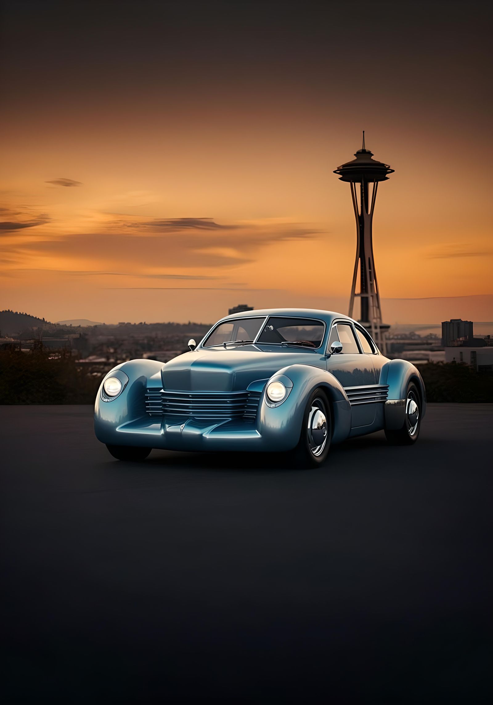 Futuristic Sports Car Approaching Seattle at Sunset