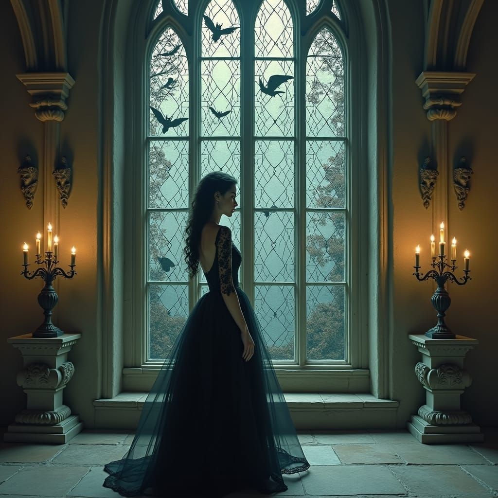 Gothic Woman in Cathedral, Dark Surrealism Style