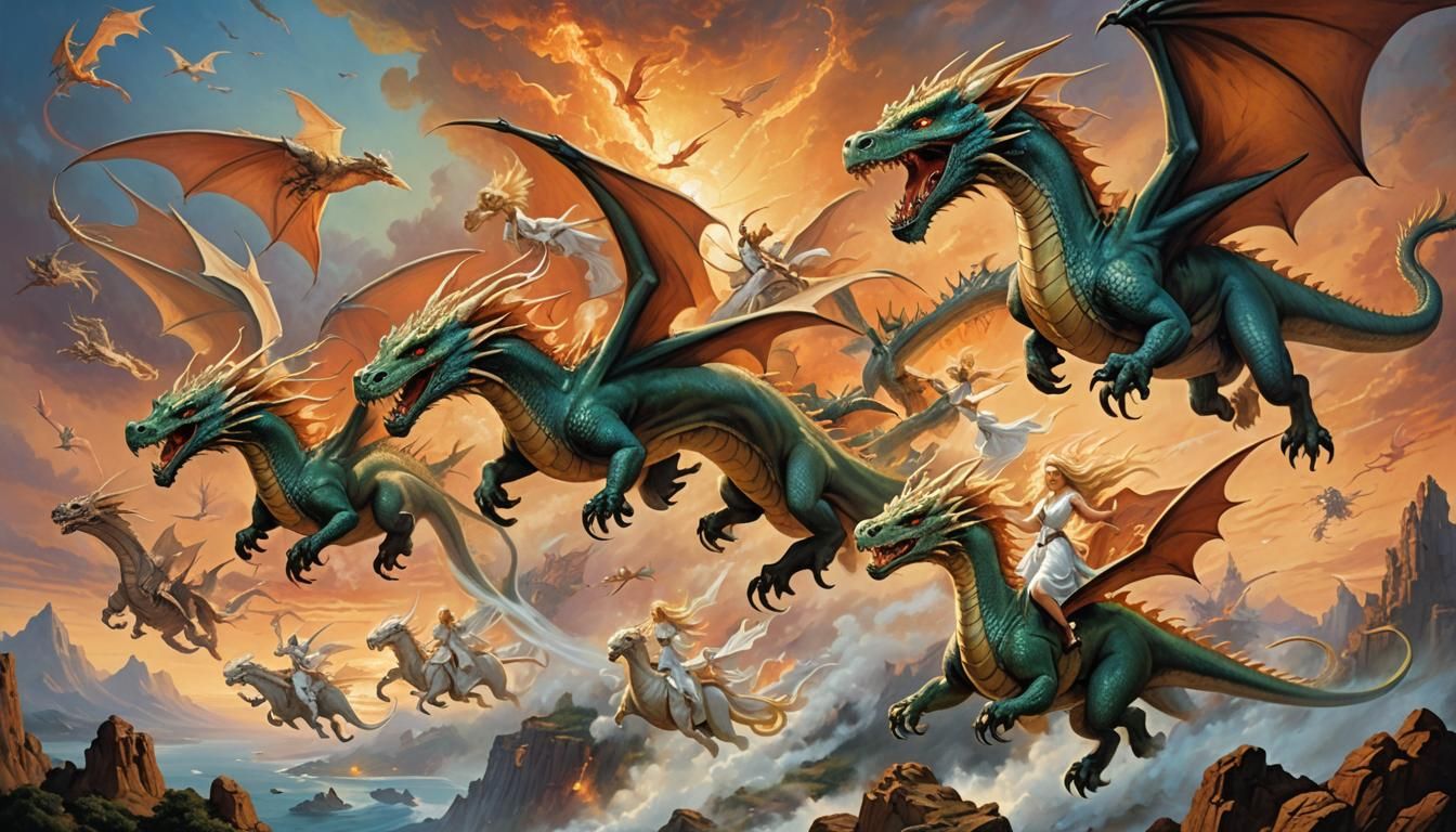 Dragons Soaring at Sunset in Fantasy Art Style