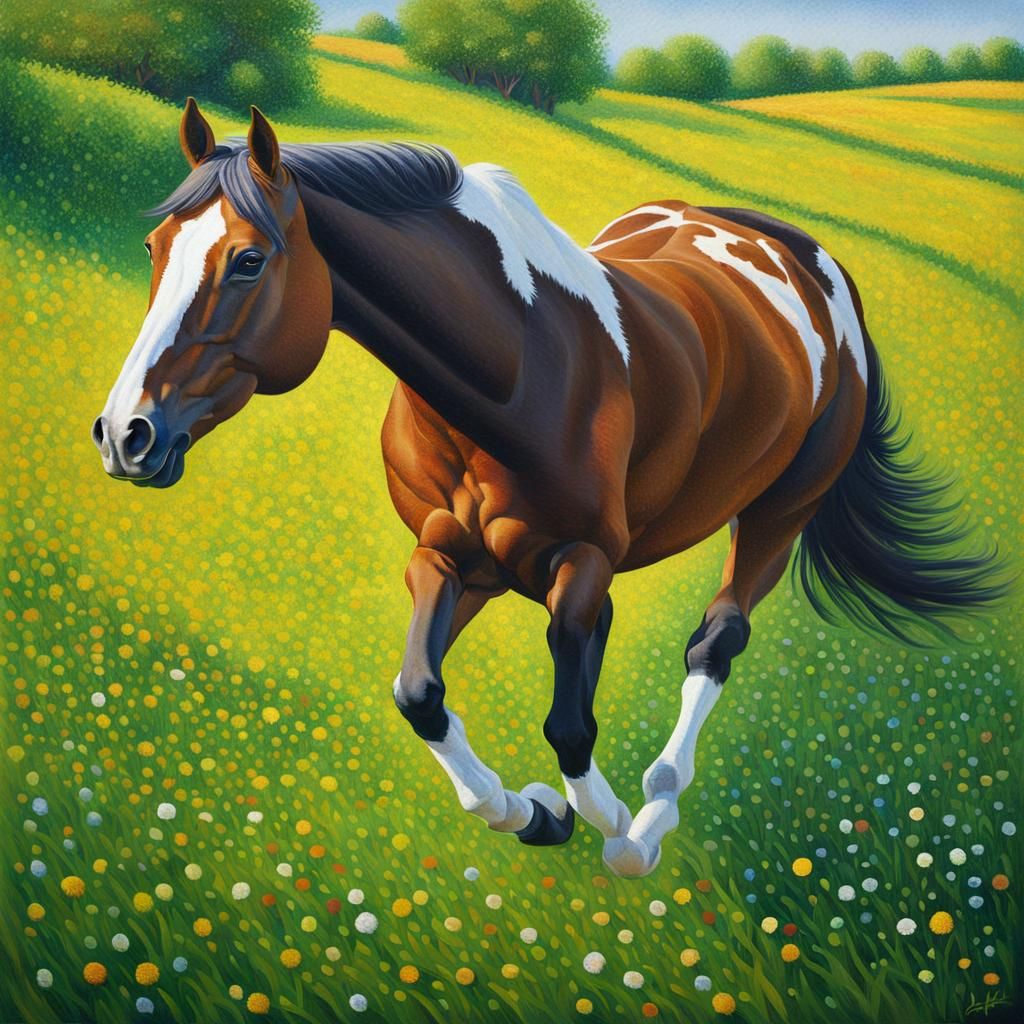 Stallion in Meadow: Pointillist Oil Painting