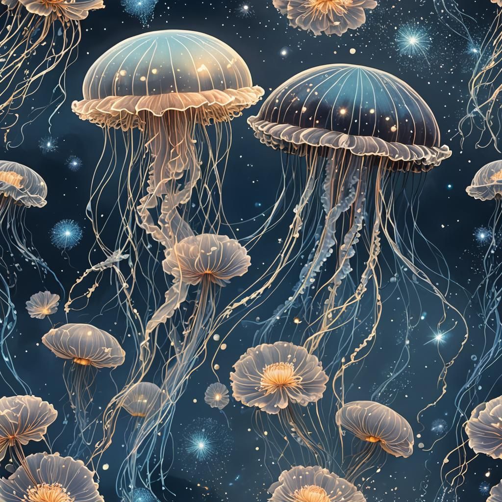 Luminous Jellyfish in Starry Night: Line Art