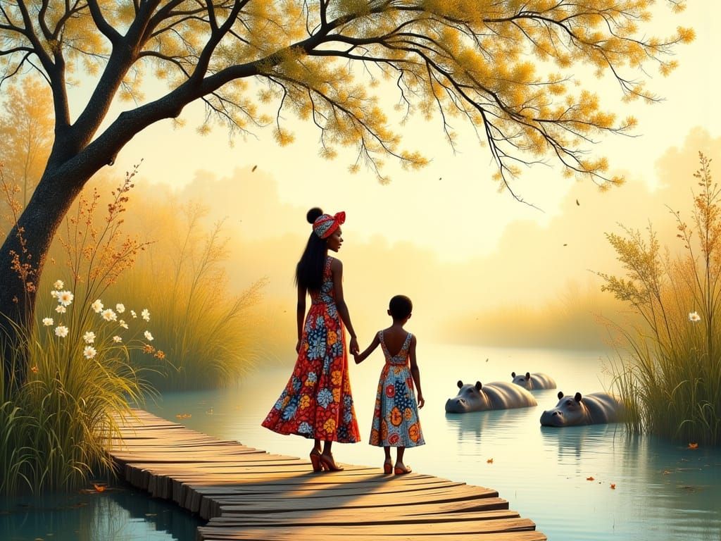 Dreamy Scene of African Woman and Child on Worn Bridge