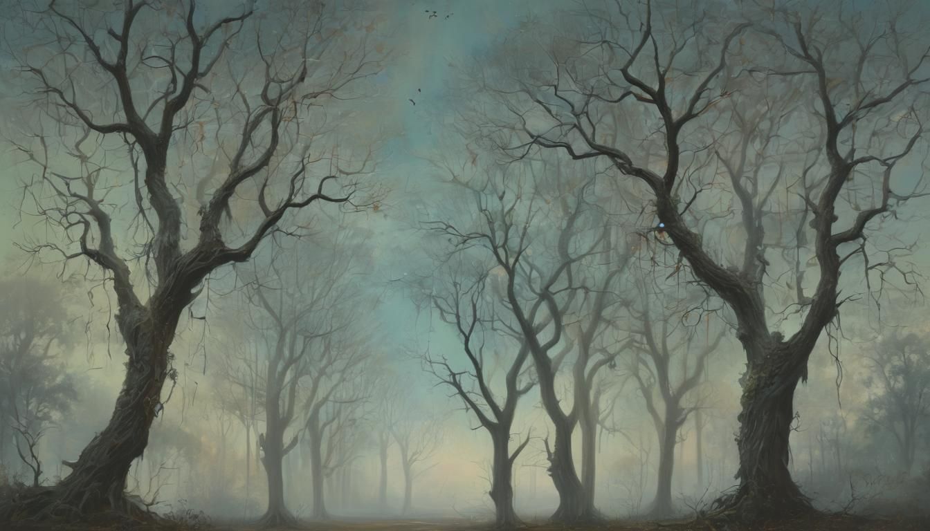 Surreal Weeping Trees in Mystical Forest