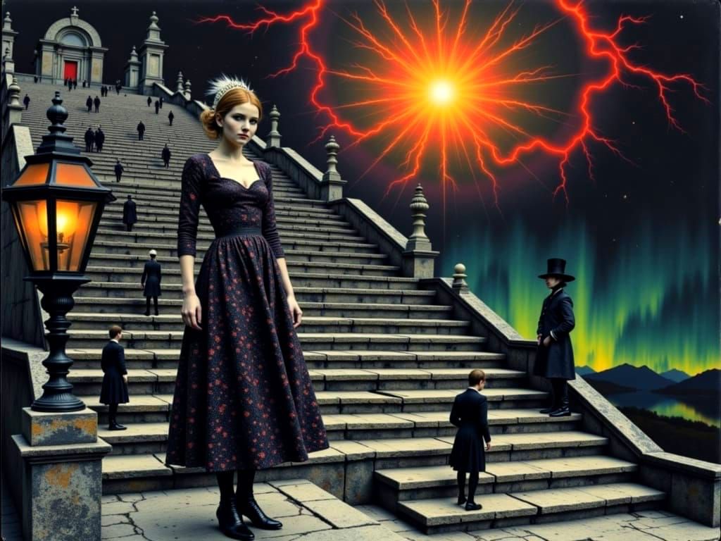 Surreal Chess and Alice Scene with Aurora Borealis