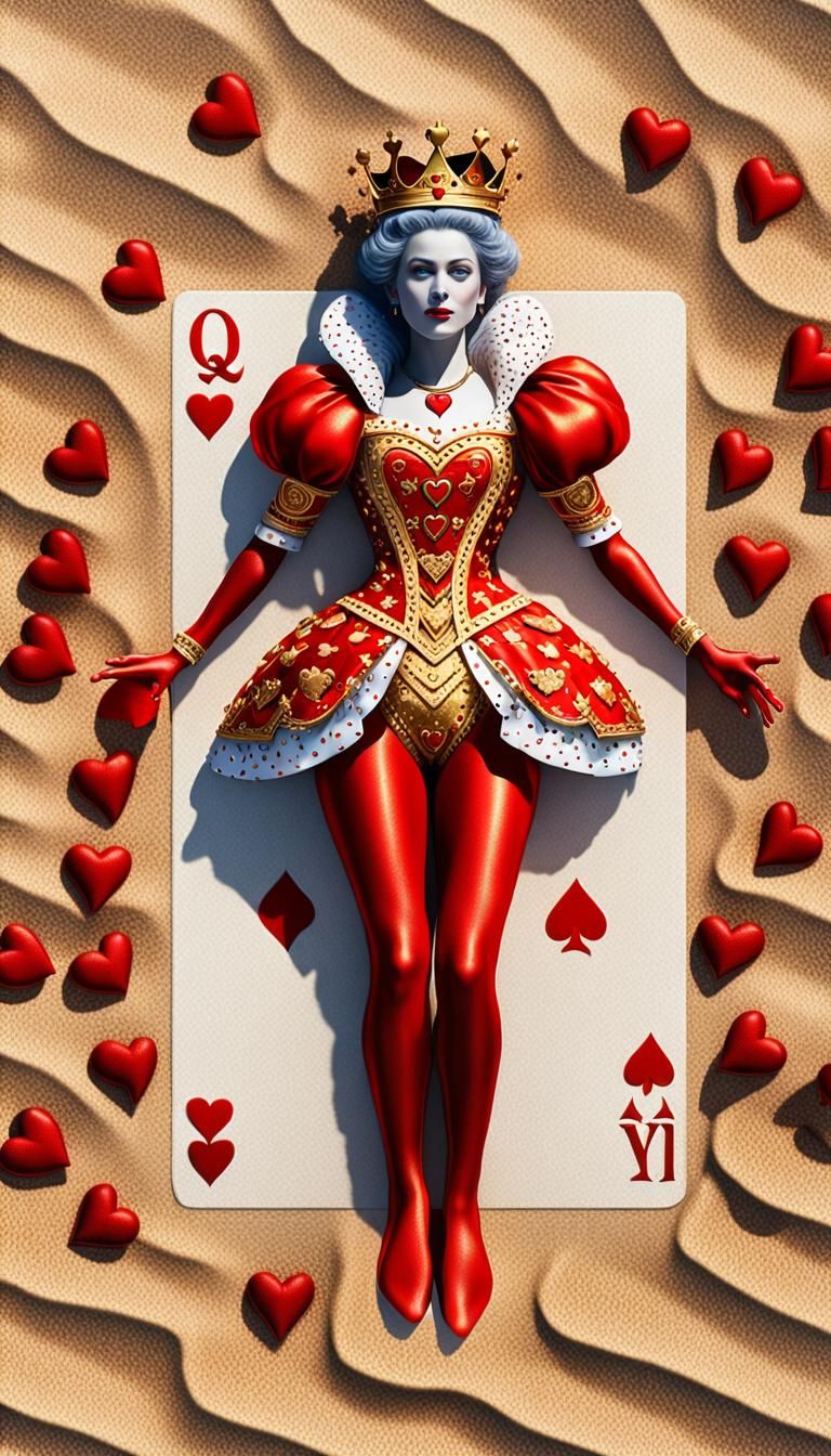 Queen of Hearts Card on Beach in 3D