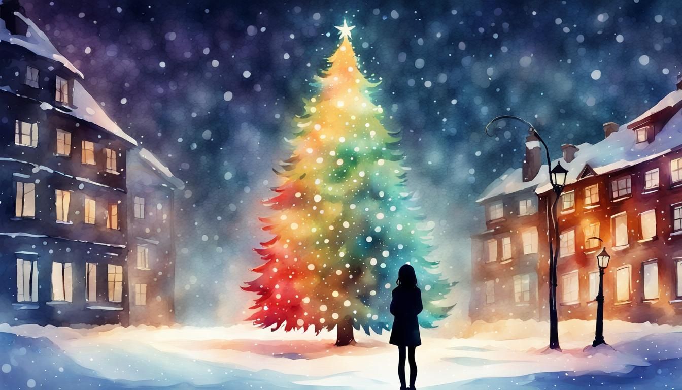 Girl Gazing at Sparkling Christmas Tree: Watercolor Style