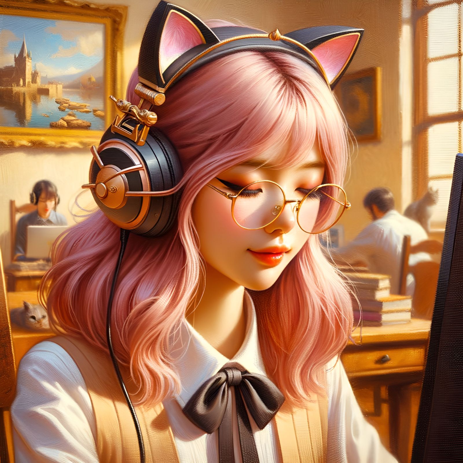 Asian Streamer with Cat Ears in Oil Painting Style