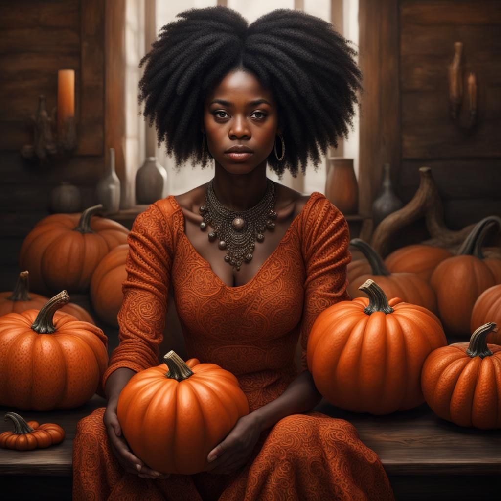 Hyperrealistic Black Woman with Magic Pumpkins
