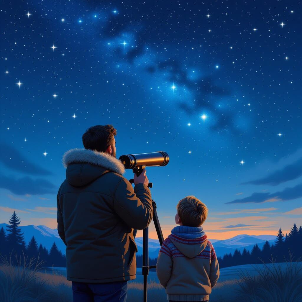 Father and Son Stargazing, Nostalgic Painting