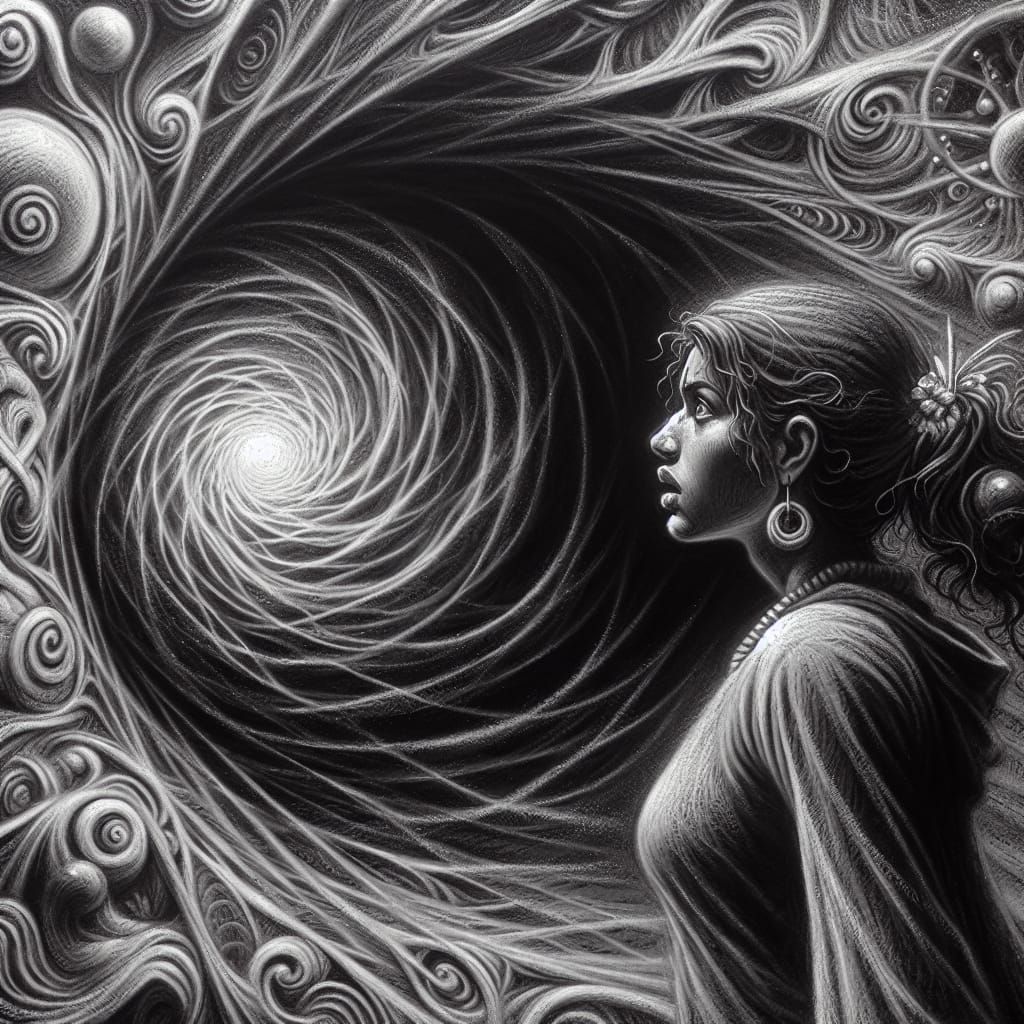 Woman Gazing into a Mysterious Portal: Charcoal Drawing