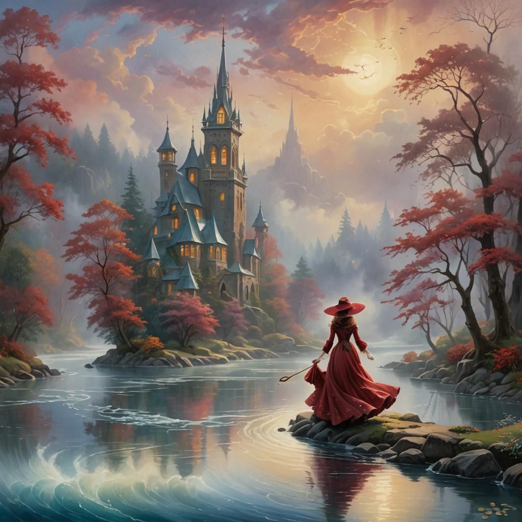 Ethereal Woman in Crimson Dress, Watercolor Style